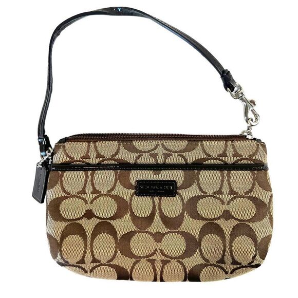 Coach Brown Tan Jacquard Canvas Monogrammed Signature Cs Zip Wristlet No F51685 - Picture 1 of 9